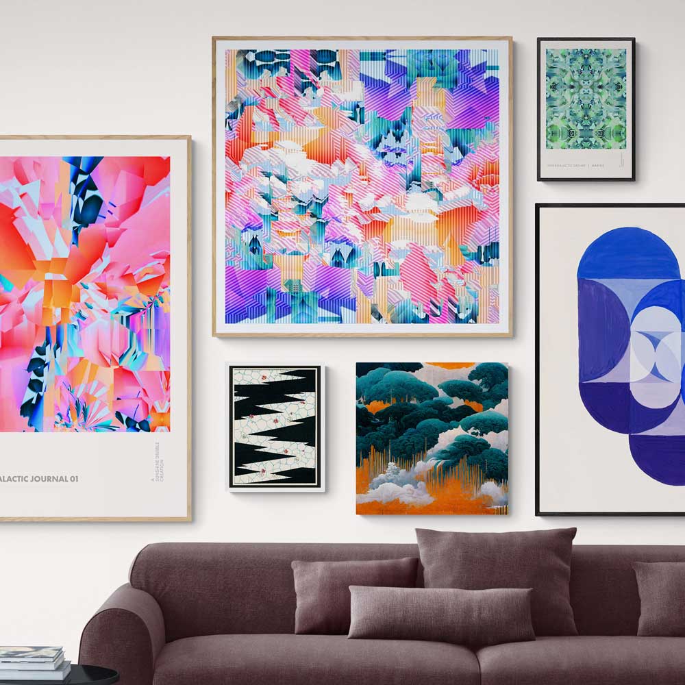 Modern apartment with bold and brigh geometric and abstract art on walls. Wild Like Art high quality inexpensive art prints