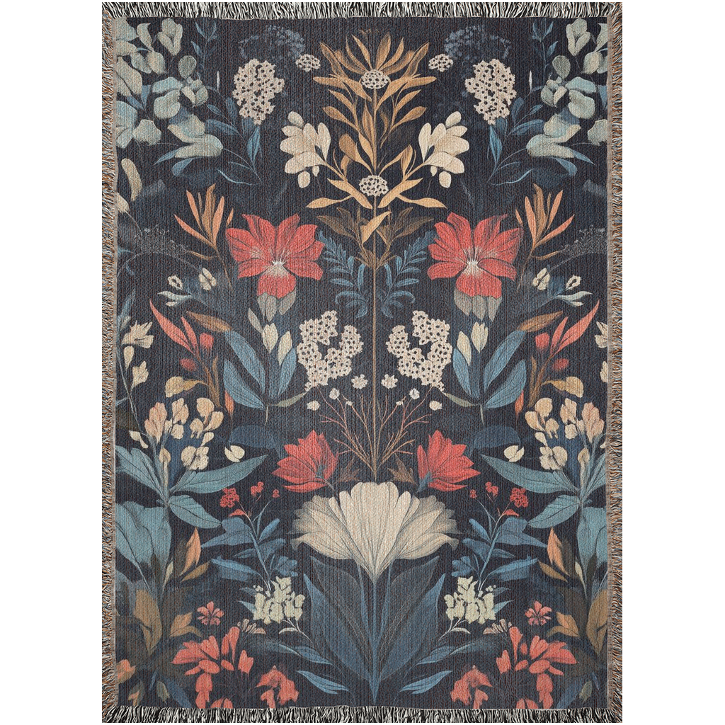 Floral Ode Blue Cotton Woven Blanket