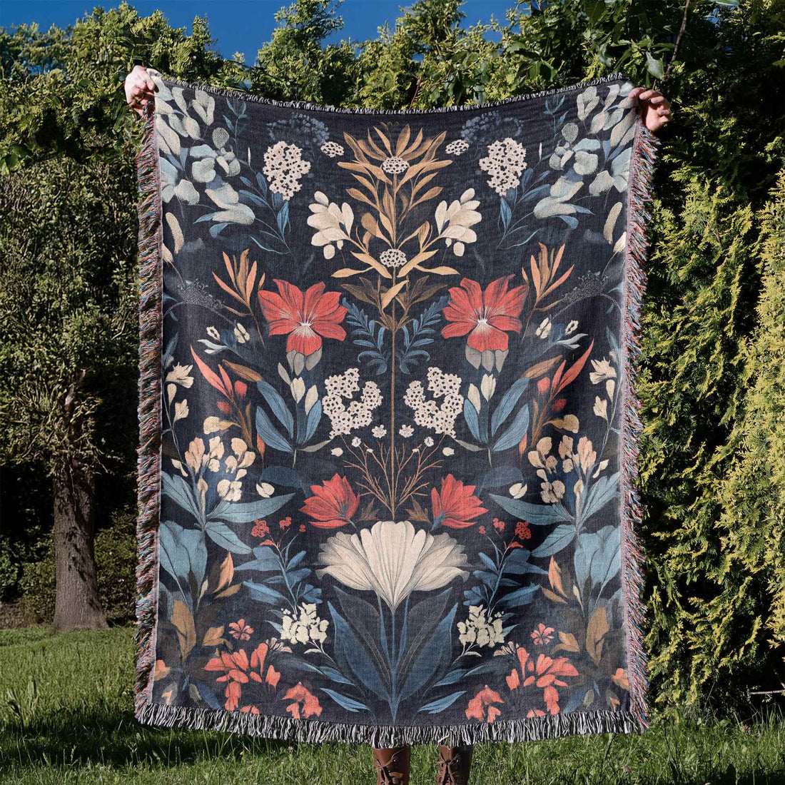 Floral Ode Blue Cotton Woven Blanket