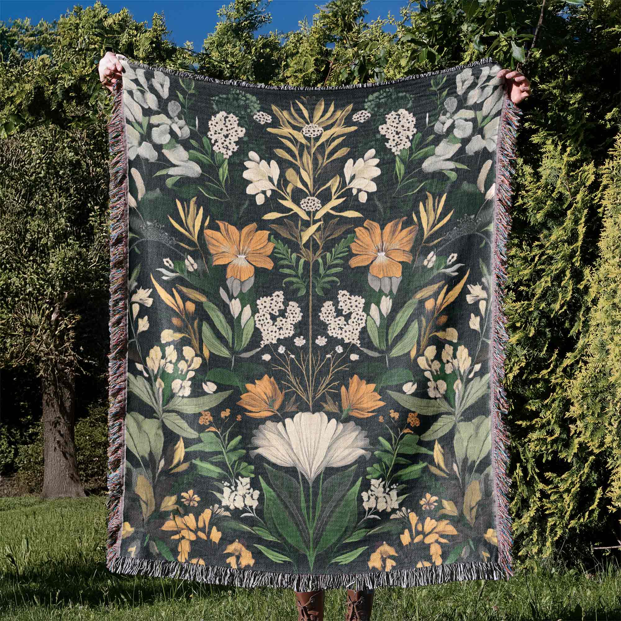 Floral Ode Green Cotton Woven Blanket