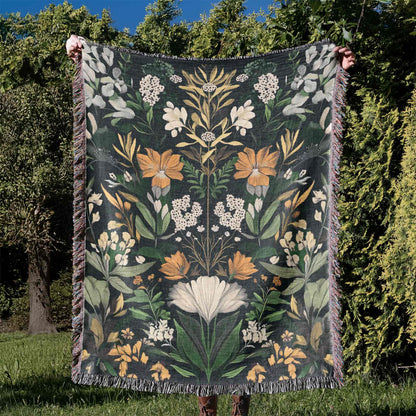 Floral Ode Green Cotton Woven Blanket