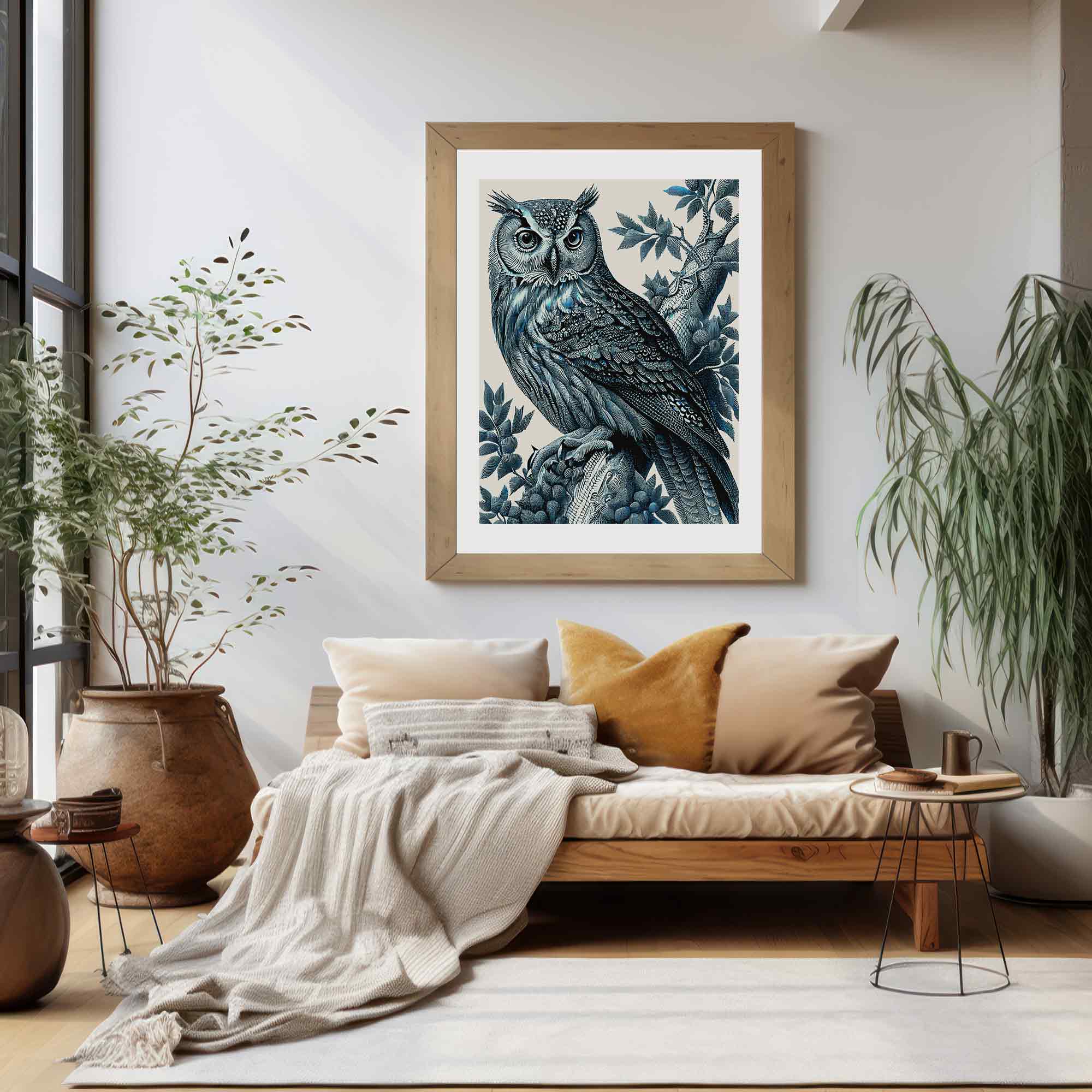 Beautiful black and blue etched style illustration of a owl in a stunning garden room