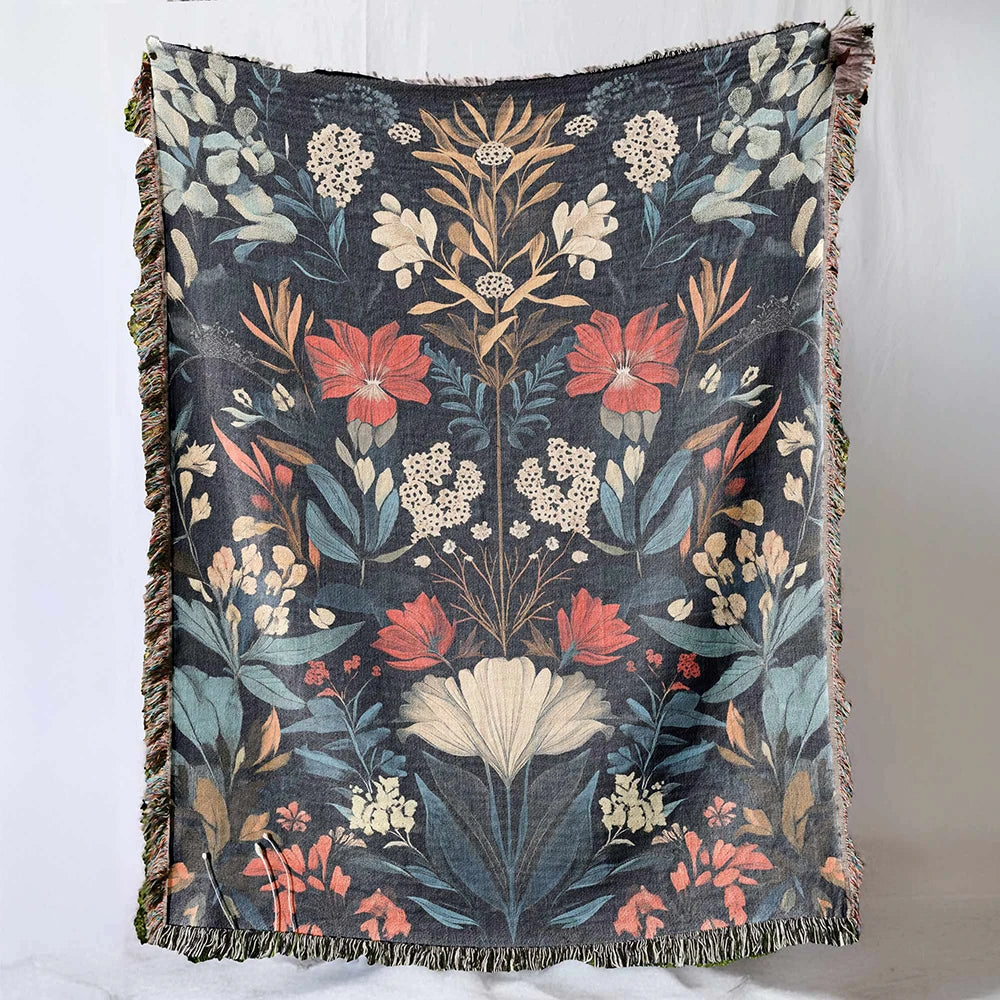 Floral Ode Blue Cotton Woven Blanket