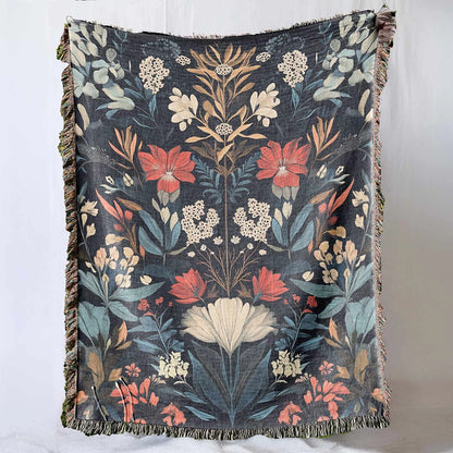 Floral Ode Blue Cotton Woven Blanket