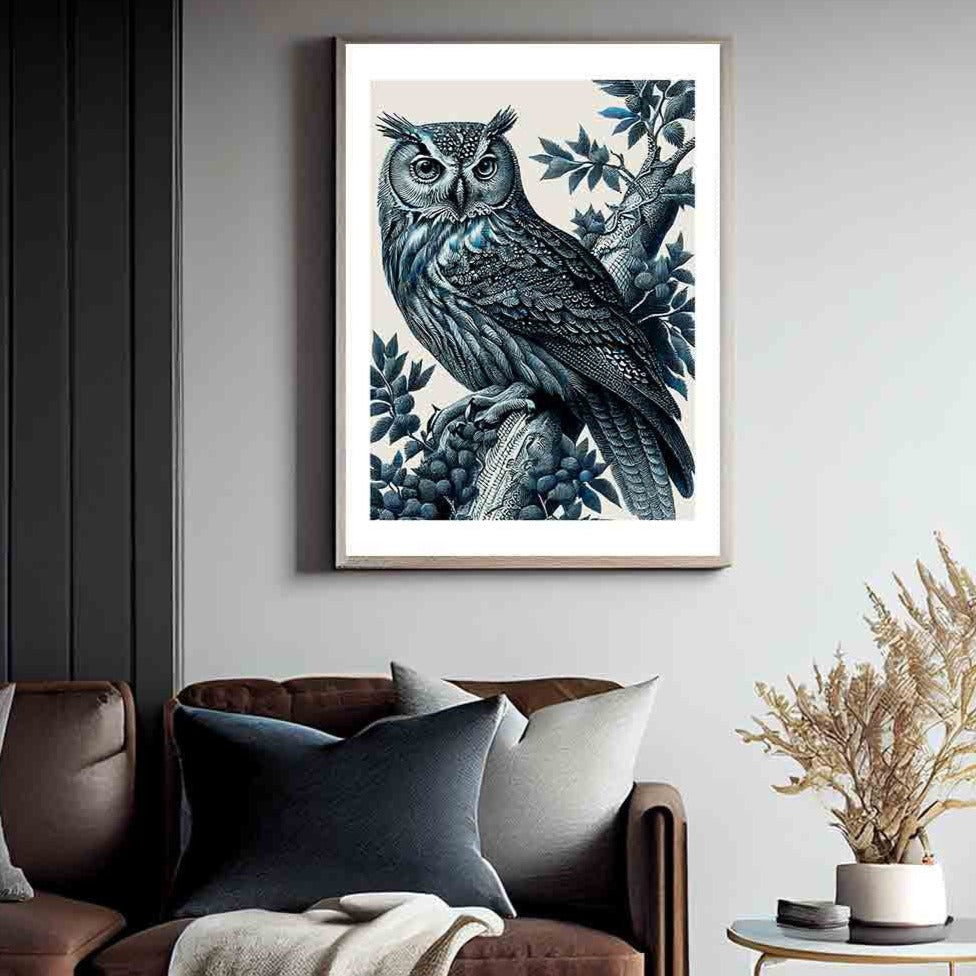 Beautiful black and blue etched style illustration of a owl in a stunning apartment room